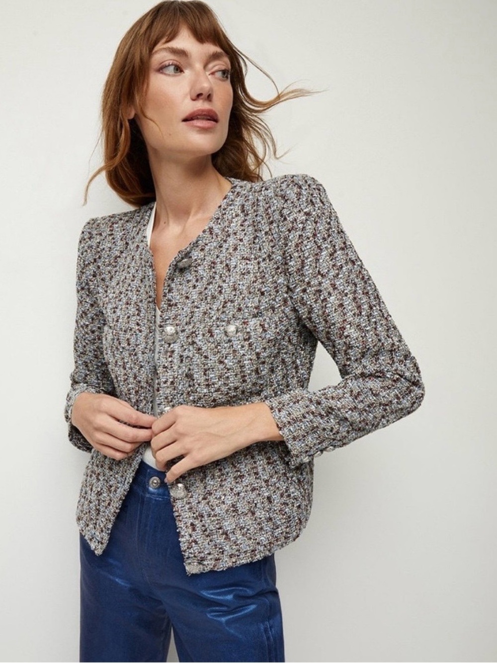 Veronica Beard Ferazia Size 4 Multicolor Blue Tweed Cropped Blazer